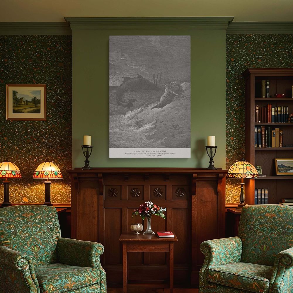 Experience the raw emotion of Jonah's deliverance in this powerful wall canvas of Gustave Dore's biblical etching. Set against storm-laden skies and a surging sea, Jonah tumbles onto land while the massive whale fades back into the deep. With precise deta