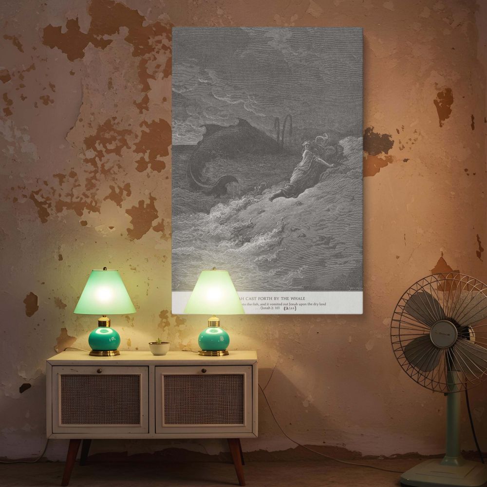 This black-and-white wall canvas showcases Gustave Dore's iconic interpretation of the Jonah story, depicting his release by the whale in a moment of divine mercy. The turbulent waves, towering clouds, and immense sea beast create a dramatic background fo
