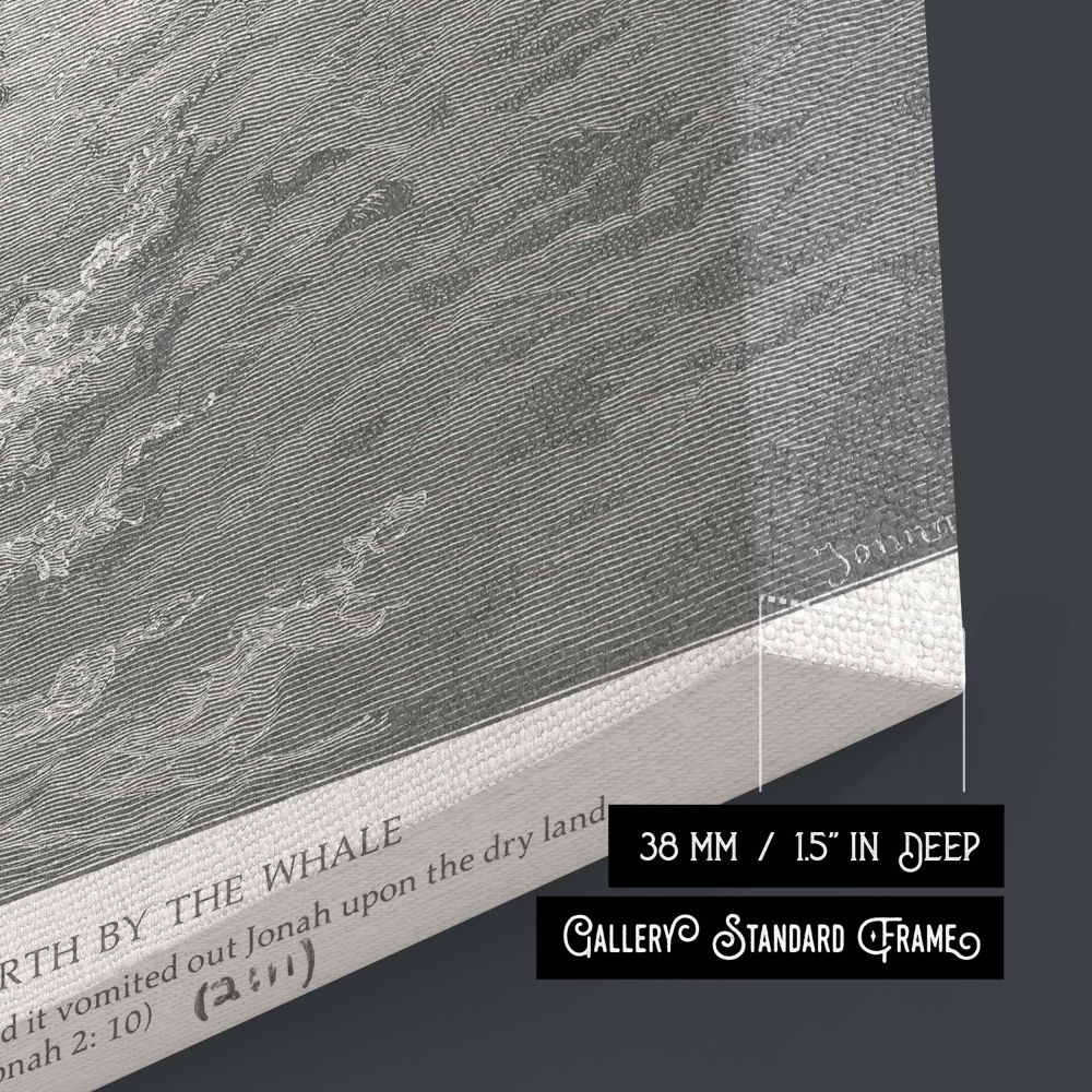 Highlighting a moment of salvation and divine intervention, this wall canvas depicts Jonah in dramatic motion as he is freed from the whale's belly. Gustave Dore's precise etching style captures the turbulent sea, storm-filled heavens, and Jonah's stagger