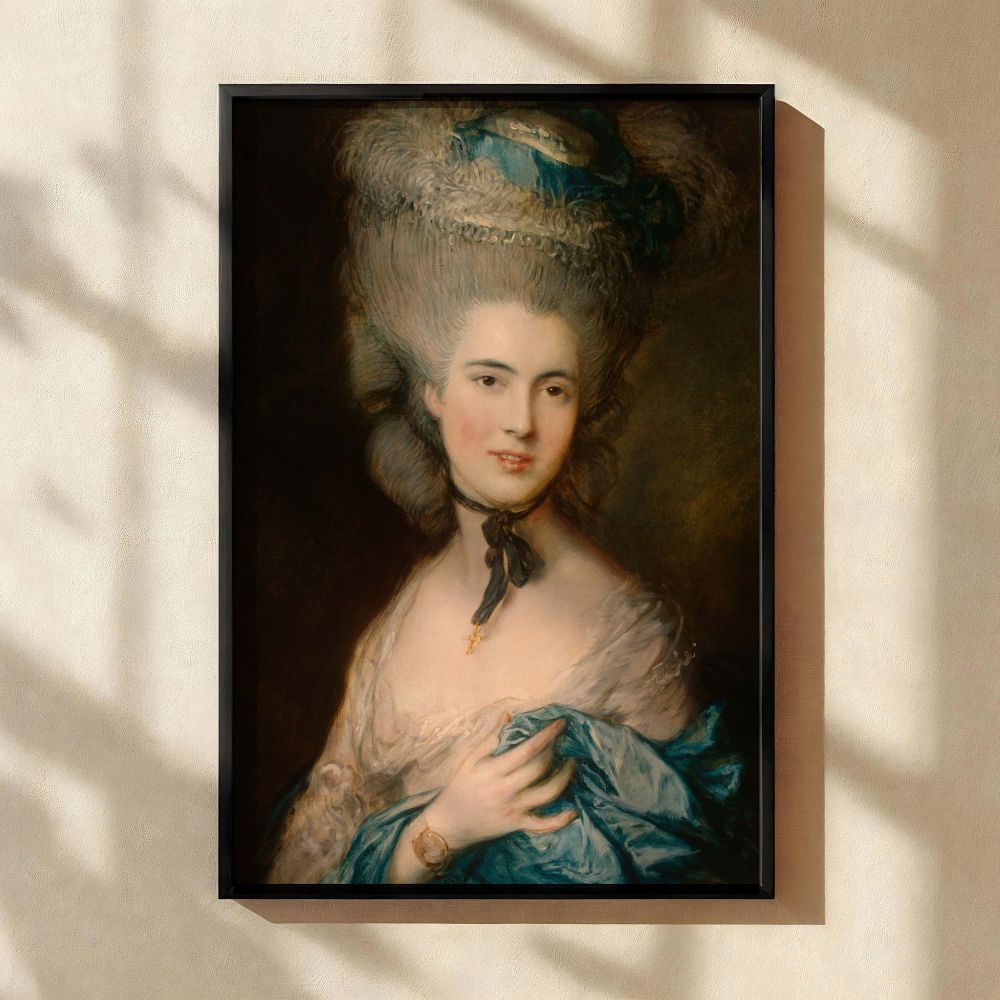 Classical portrait of an 18th-century woman by Thomas Gainsborough, featured as a premium wall canvas. The woman is elegantly posed with one hand holding her blue silk gown, while her expression remains composed and serene. Her high hairstyle and ribbon c
