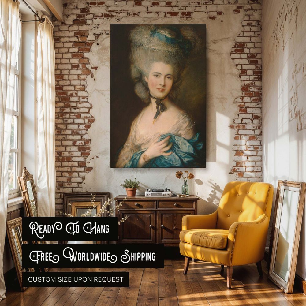 A beautiful canvas print showing Gainsborough's Rococo portrait of a noblewoman dressed in flowing blue silk and ivory lace. Her hairstyle is dramatically styled in the 18th-century fashion, with feathered adornments, and she gazes calmly outward. The war