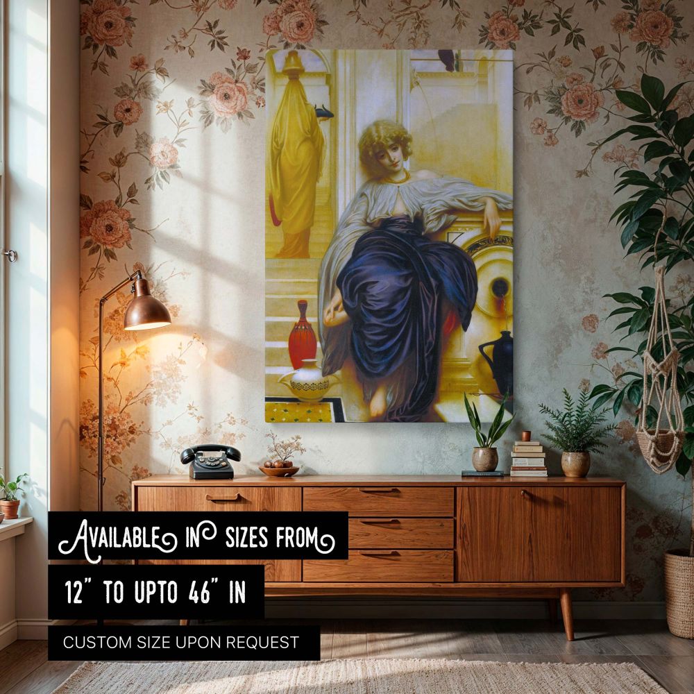 Canvas wall art print of Frederic Leighton's Lieder ohne Worte showing a pensive woman seated in classical surroundings wearing flowing garments, a romantic and elegant painting reproduced as canvas wall art or framed canvas for classical home decor and f