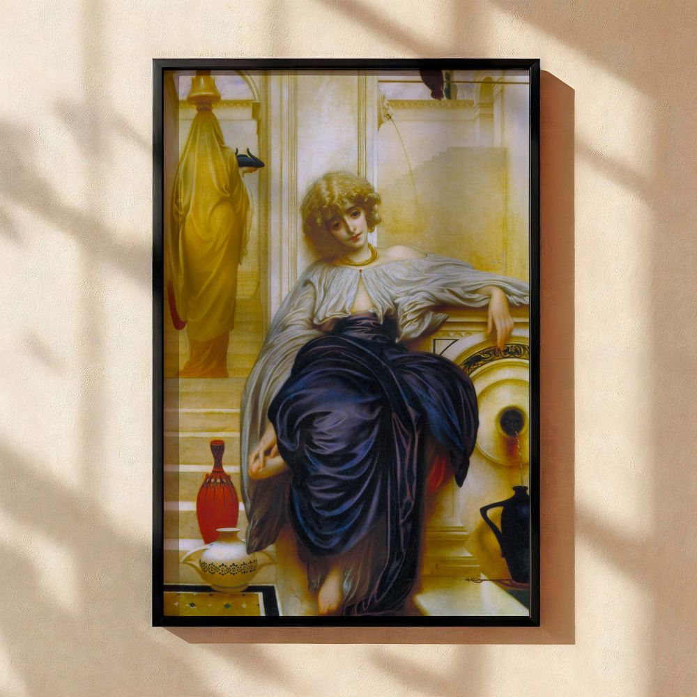 Lieder ohne Worte canvas wall print of a contemplative woman resting with draped robes in a golden architectural interior by Frederic Leighton, ideal for lovers of romantic painting art and classical canvas wall decor suitable for bedrooms, libraries, and