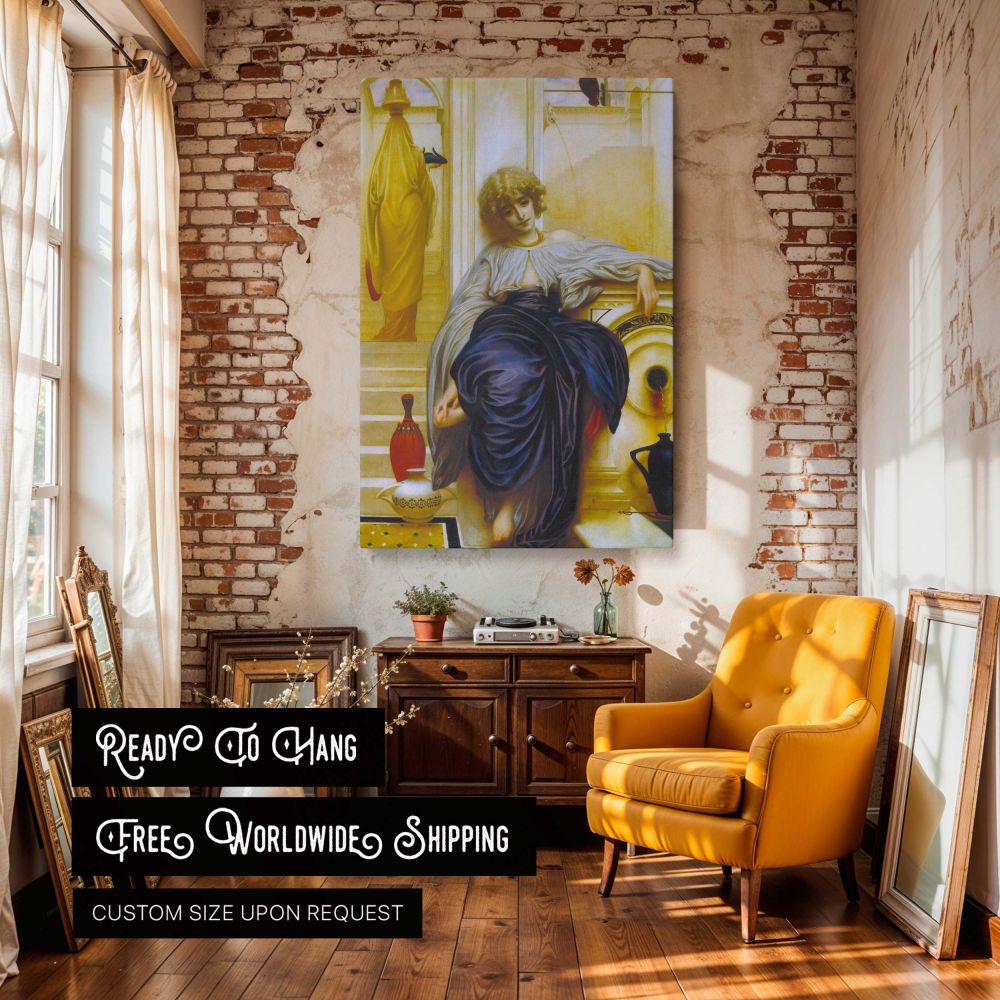Framed canvas wall art of Frederic Leighton's Lieder ohne Worte featuring a soft, emotional scene of a woman lost in thought, rendered in pale and deep tones with Greco-Roman influence, perfect for classical interiors and romantic vintage canvas wall art 