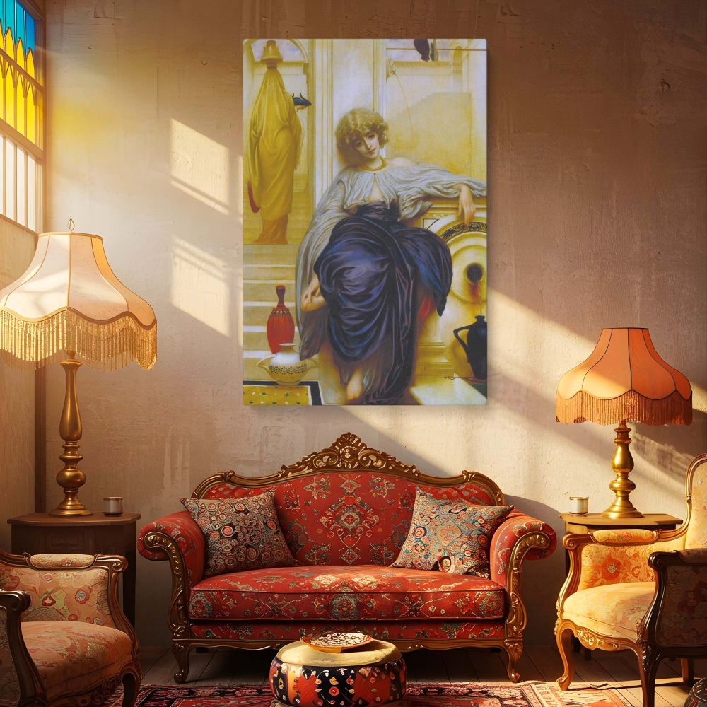 Romantic canvas wall art of a woman in elegant drapery seated in a serene pose, a Frederic Leighton masterpiece titled Lieder ohne Worte, turned into high-quality canvas wall print for adding timeless beauty and emotion to your home or art-inspired space.