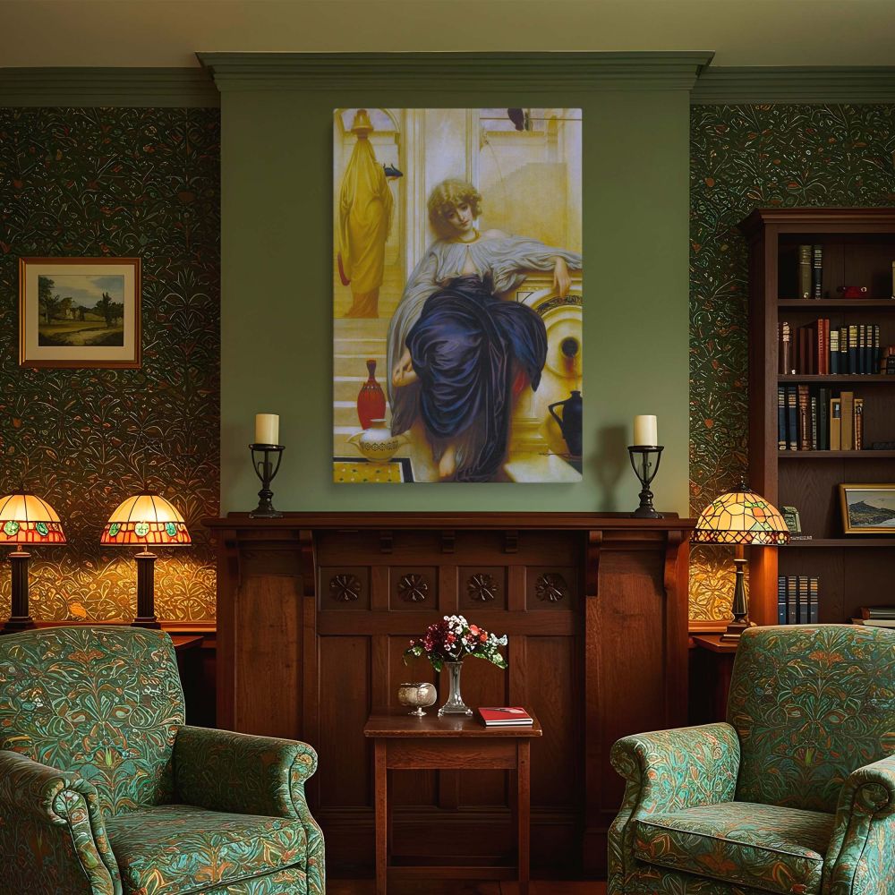 Museum-quality canvas print of Lieder ohne Worte by Frederic Leighton featuring a reflective woman in rich dark blue and white robes in a grand architectural setting, ideal for classical wall decor, painting art collectors, and romantic Victorian-themed i