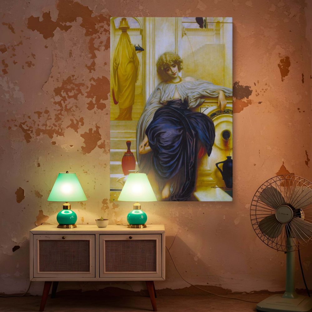 A fine art canvas print of Frederic Leighton's Lieder ohne Worte with a seated woman draped in fabric against a warm-toned backdrop, a soft and introspective piece of canvas wall art ideal for refined spaces and romantic home decor.