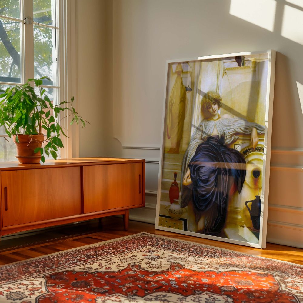 Canvas wall print of Frederic Leighton's elegant painting Lieder ohne Worte capturing a quiet mood through flowing robes and soft golden lighting, ideal for lovers of emotional and romantic classical art turned into timeless framed canvas wall art.