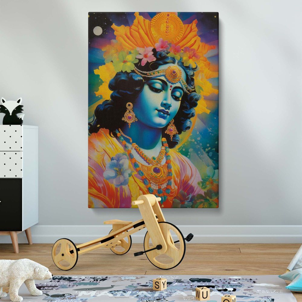 Stunning artwork of Lord Krishna depicted in vivid blue tones, adorned with a radiant golden crown, intricate jewelry, and floral accents, surrounded by a celestial yellow glow and a starry background, perfect for spiritual and devotional decor.