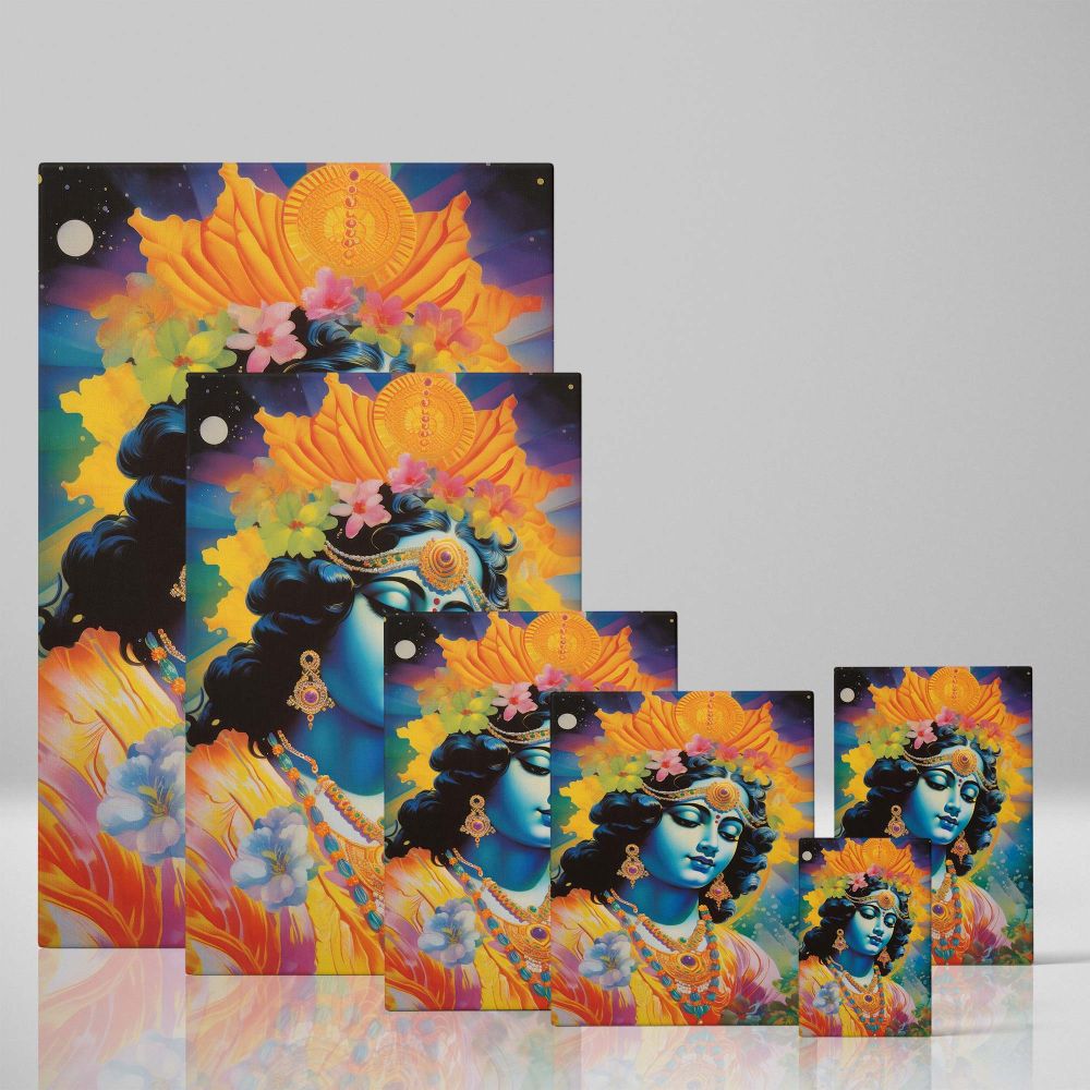 Spiritual painting of Lord Krishna with intricate gold jewelry, a radiant crown, and a serene blue complexion, surrounded by a glowing yellow aura and vibrant flowers, a captivating depiction of divine energy and celestial beauty in Indian art.