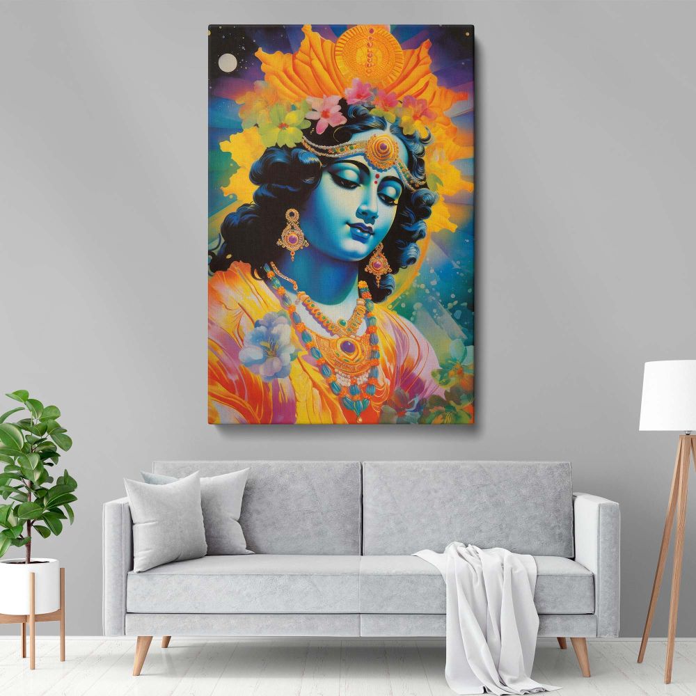 Janmashtami-inspired wall canvas of Krishna adorned with delicate gold jewelry and a glowing halo, surrounded by colorful floral patterns and a serene background, exuding peace, love, and divine grace through intricate artistry.