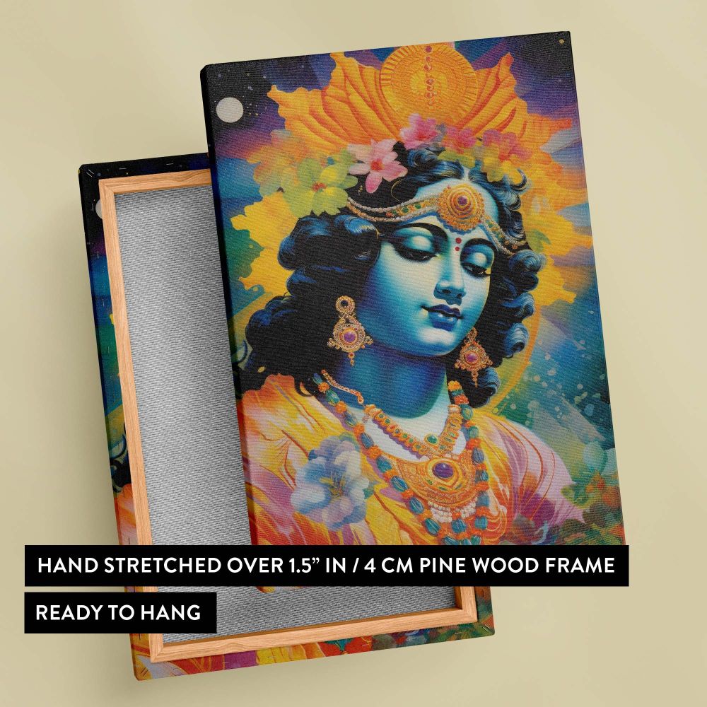 A divine portrayal of Lord Krishna with a serene expression, wearing gold jewelry, a radiant crown, and surrounded by a vibrant yellow glow and soft floral elements, a spiritual representation of peace, prosperity, and Indian cultural heritage.