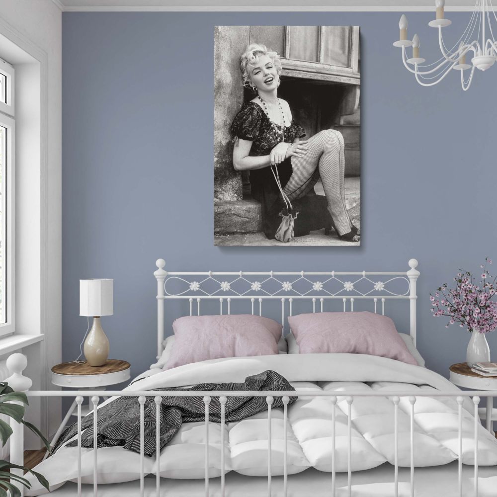 Marilyn Monroe seated in fishnets vintage canvas print designed as a unique canvas wall art gift for her great addition to bedroom or dressing room decor