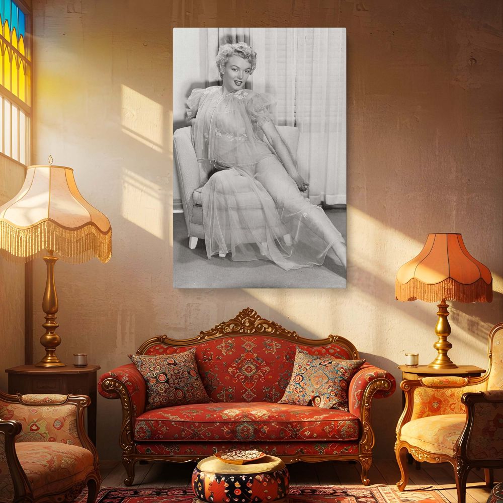 Timeless black and white Marilyn Monroe canvas wall art capturing her in a soft sheer gown during a vintage glamour photoshoot ideal for elegant woman decor and lovers of old Hollywood style and classic celebrity wall prints.