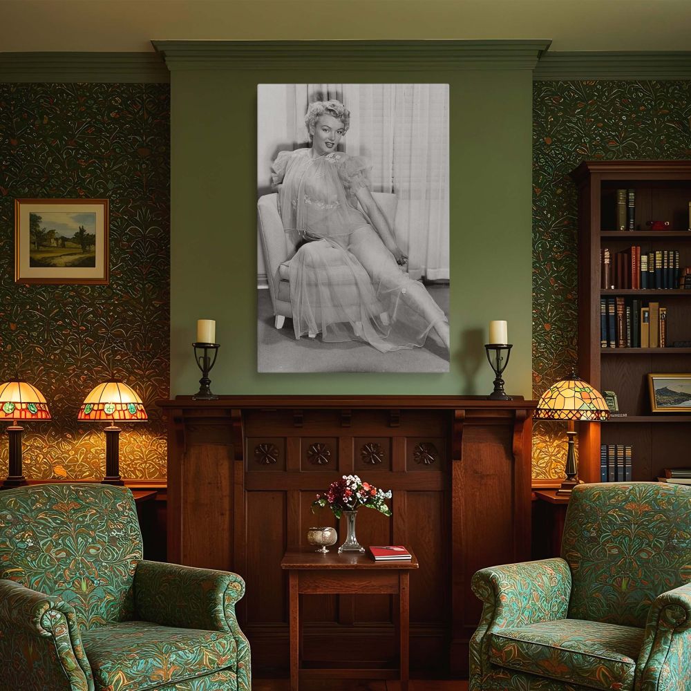 This canvas wall art features Marilyn Monroe in a graceful pose wearing a delicate see-through gown in a stunning vintage glamour photo print great for fans of elegant woman decor and film star wall art inspired by retro Hollywood charm.