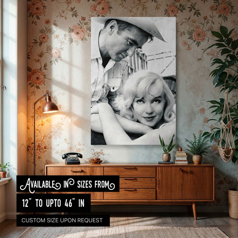 Emotional black and white photo print of Marilyn Monroe looking serene while a man in a cowboy hat gazes at her with affection a timeless vintage Hollywood moment perfect for wall decor and romantic retro photography enthusiasts who admire classic cinema 