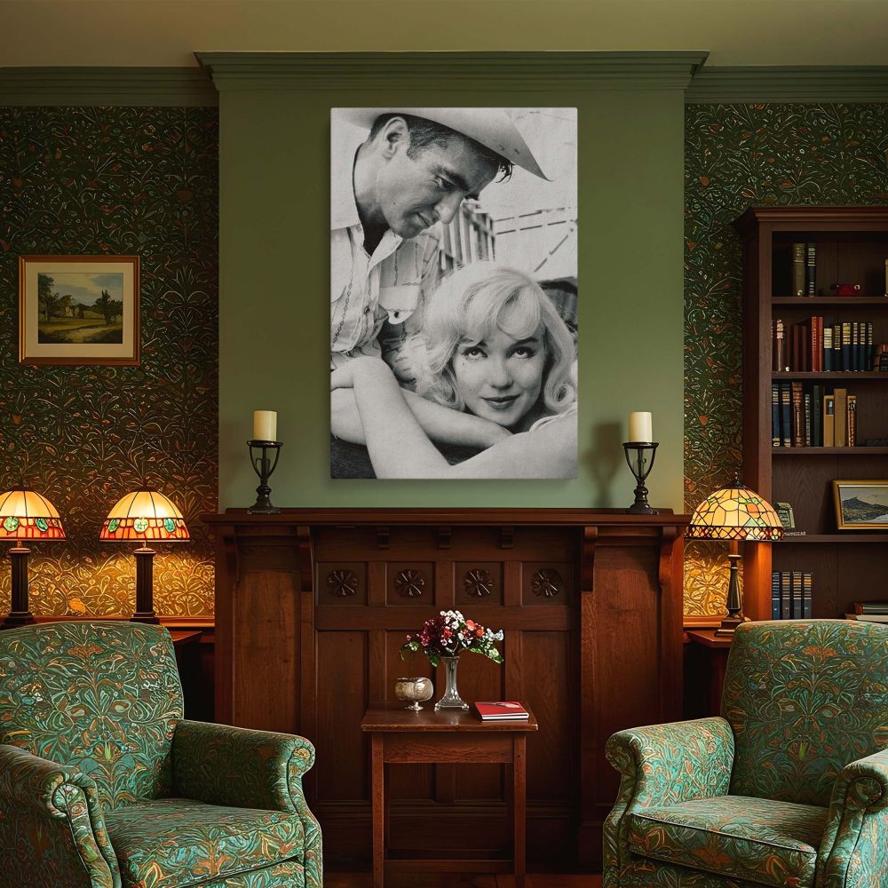 Vintage Hollywood photography print of Marilyn Monroe in a thoughtful pose with a cowboy-hatted man looking at her lovingly a nostalgic tribute to retro film romance and emotional visual storytelling through photography.