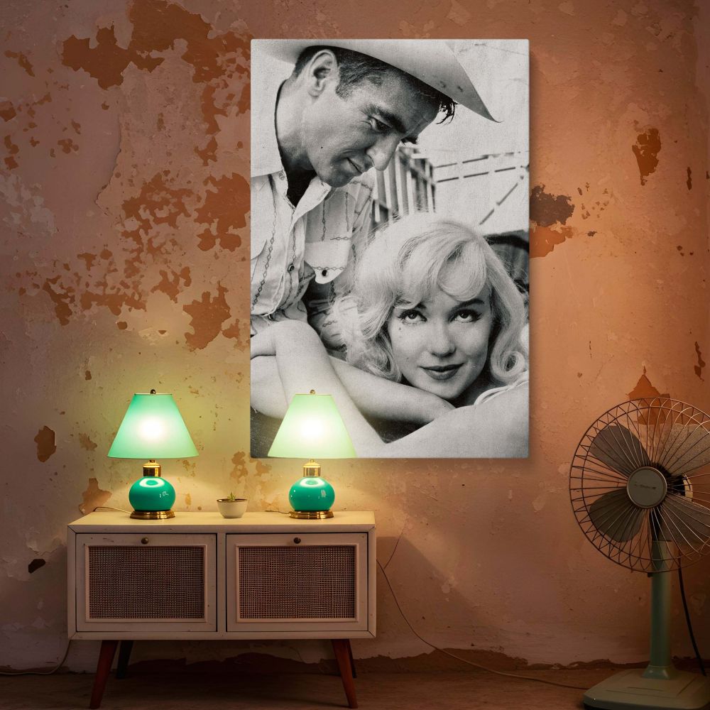 Romantic emotional portrait of Marilyn Monroe with a man in a cowboy hat gazing at her this vintage photo print evokes deep connection and classic elegance perfect for decor inspired by old Hollywood charm and graceful cinematic imagery.
