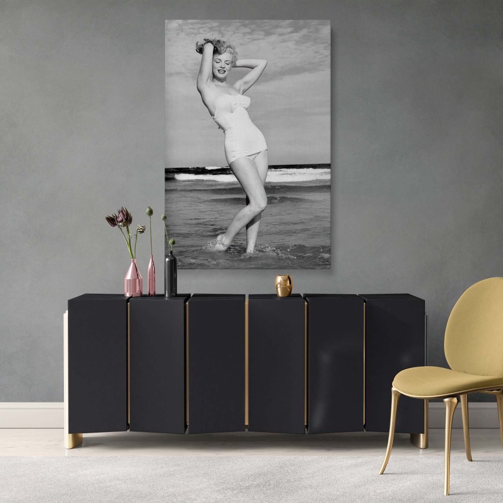 Aesthetic canvas wall art showcasing Marilyn Monroe on the beech in a classic pose, designed for stylish feminine home or gift appeal.