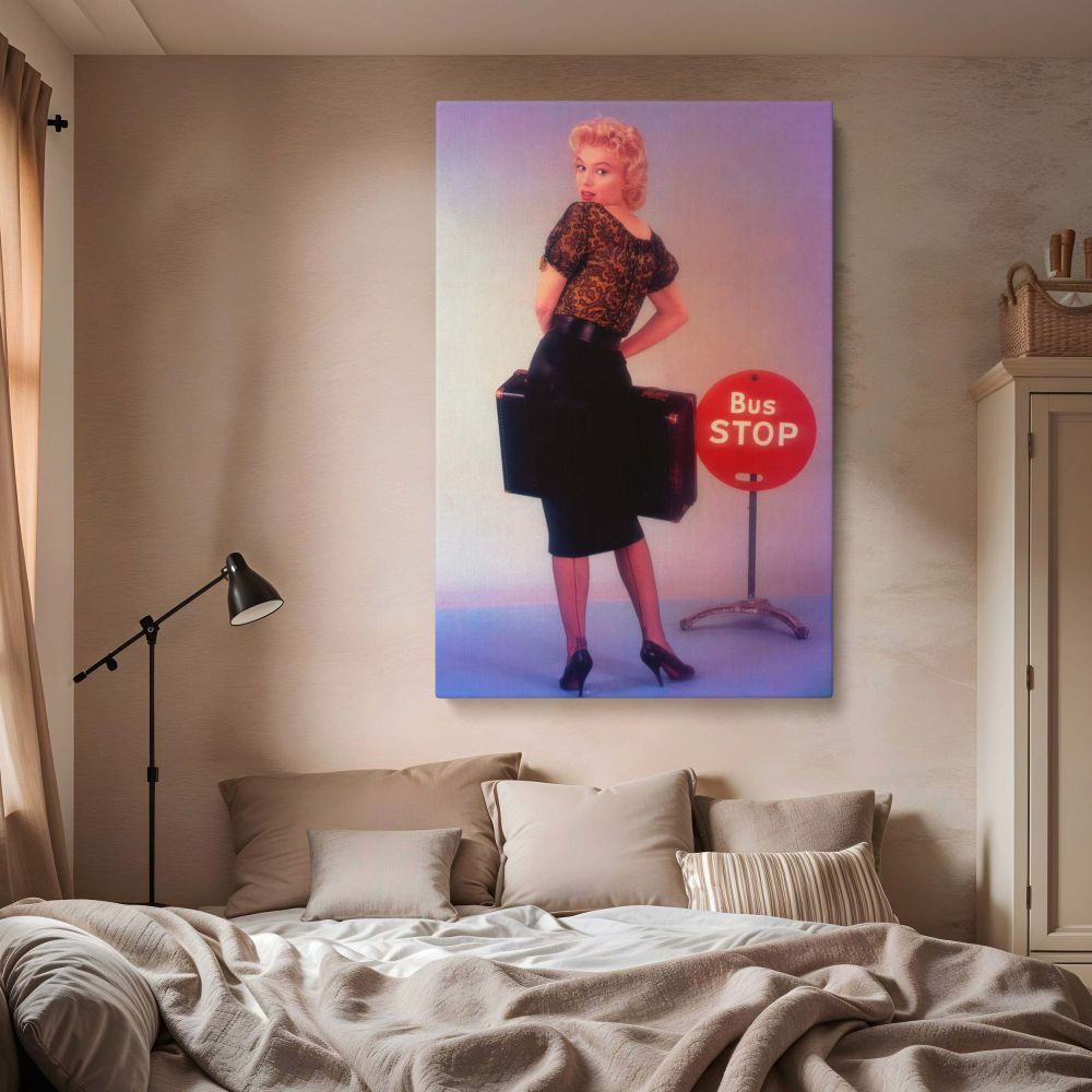 Canvas print of Marilyn Monroe Bus Stop photo perfect for vintage home decor and bedroom wall art with retro Hollywood style