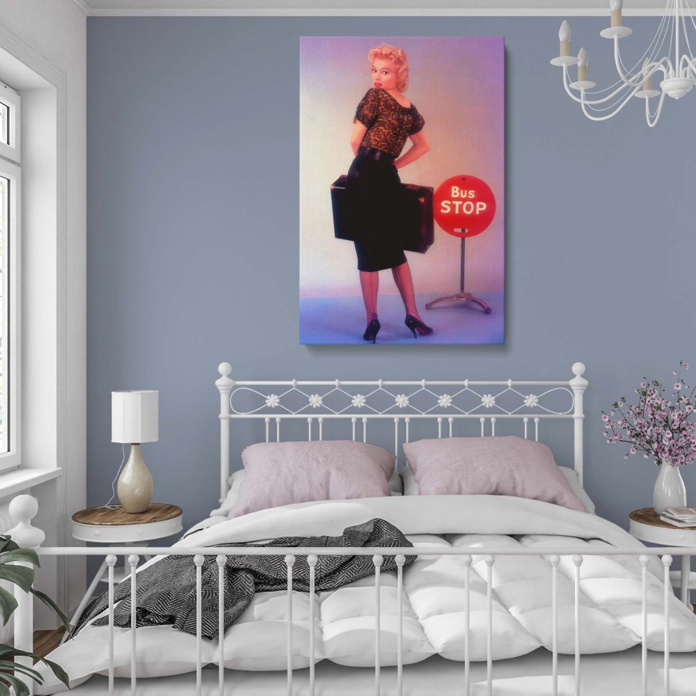 Glamorous Marilyn Monroe posing with suitcases in Bus Stop photo ideal canvas wall decor for 1950s Hollywood fans