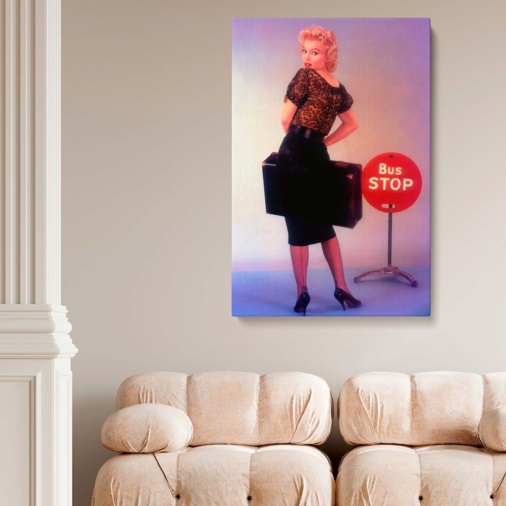 Retro canvas wall art of Marilyn Monroe in a lace top and pencil skirt from the film Bus Stop for romantic vintage bedroom decor