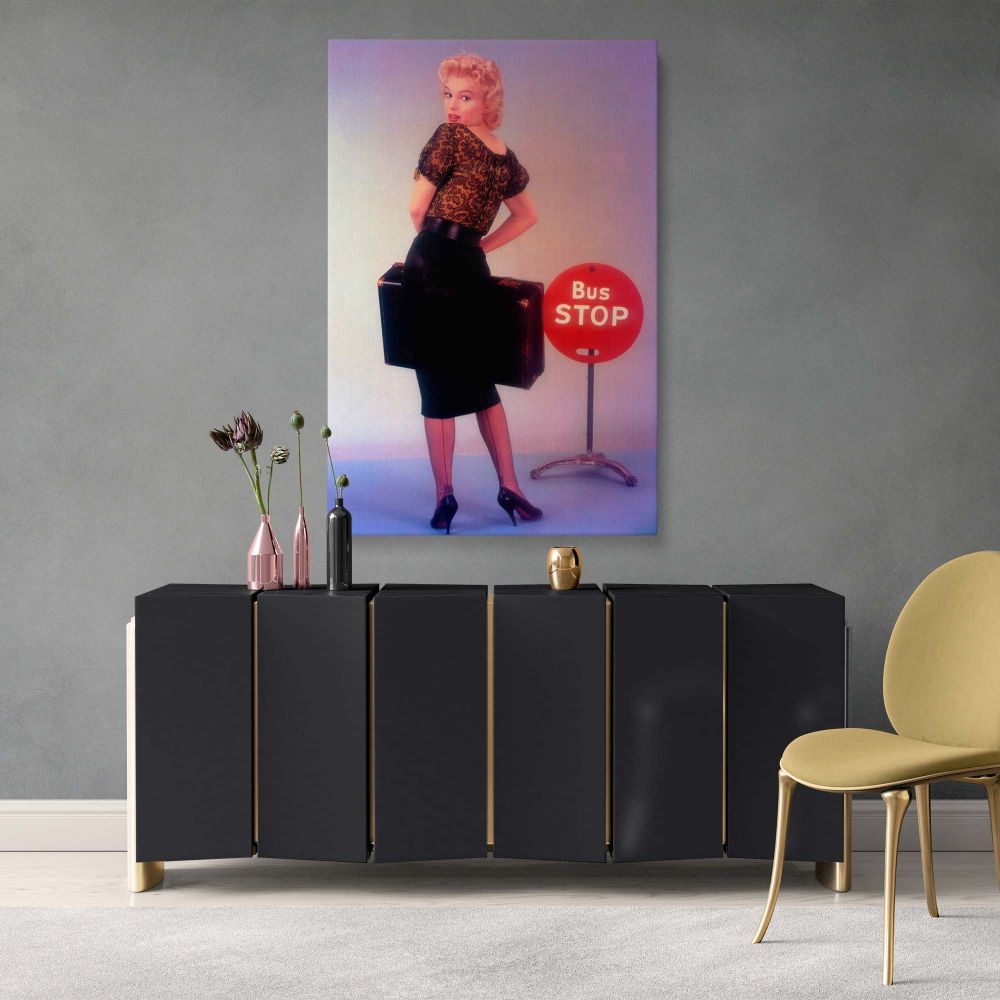 Iconic Marilyn Monroe Bus Stop scene printed on canvas wall art featuring 1950s fashion in black lace and pencil skirt
