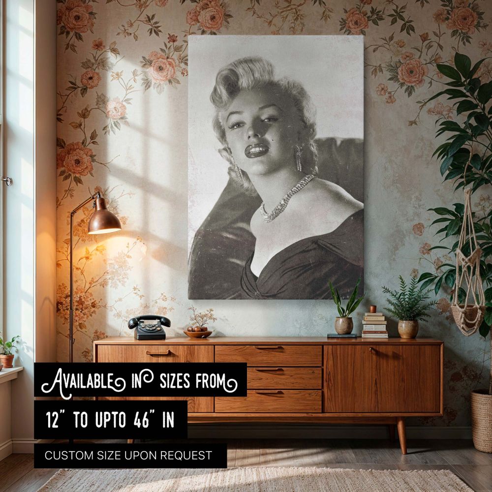Marilyn Monroe canvas wall art featuring her iconic gaze in a vintage glamour photo print with stunning jewelry and bold lipstick perfect for elegant woman decor and vintage Hollywood-inspired interiors that highlight beauty and cinematic legend in black 