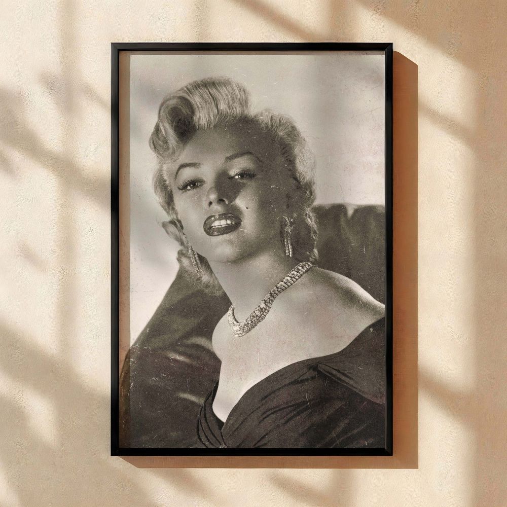 Glamorous black and white portrait of Marilyn Monroe transformed into canvas wall art showing her in a confident pose wearing diamond earrings and necklace making it a beautiful vintage Hollywood photo print for elegant woman decor and classic movie-theme
