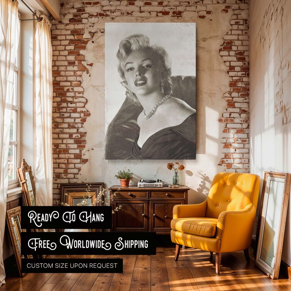 This elegant Marilyn Monroe canvas wall art presents a glamour photo print of the actress in a vintage pose that captures her timeless beauty making it perfect for lovers of old Hollywood and stylish home decor focused on elegance and iconic women of film