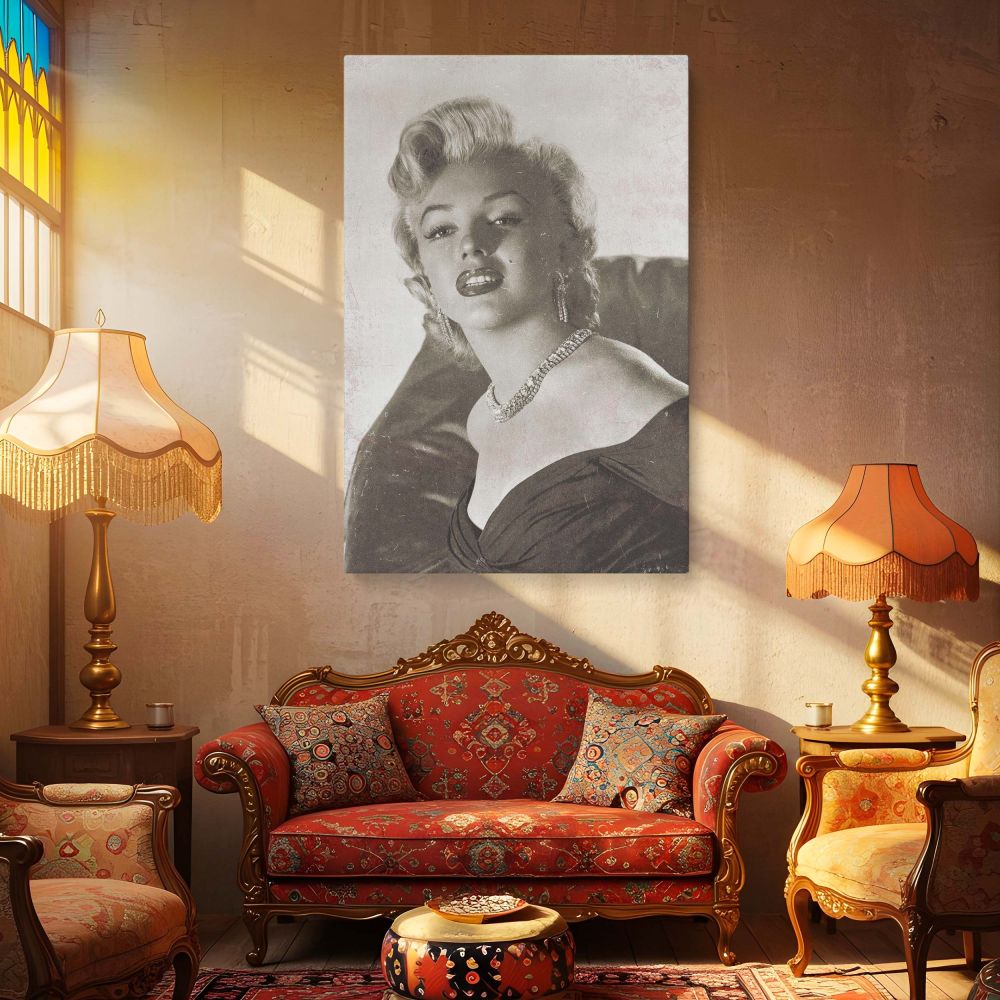 Stunning glamour photo print canvas wall art of Marilyn Monroe with classic curls and luxurious jewelry creates an elegant woman decor accent ideal for retro interiors inspired by vintage Hollywood legends and black and white photography collectors.