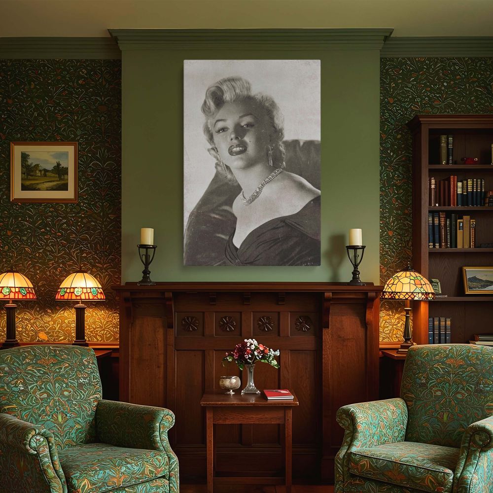 Iconic Marilyn Monroe canvas wall art in black and white showcasing her sophisticated fashion style and poised expression is the ultimate vintage Hollywood glamour photo print for elegant woman decor and film history enthusiasts.