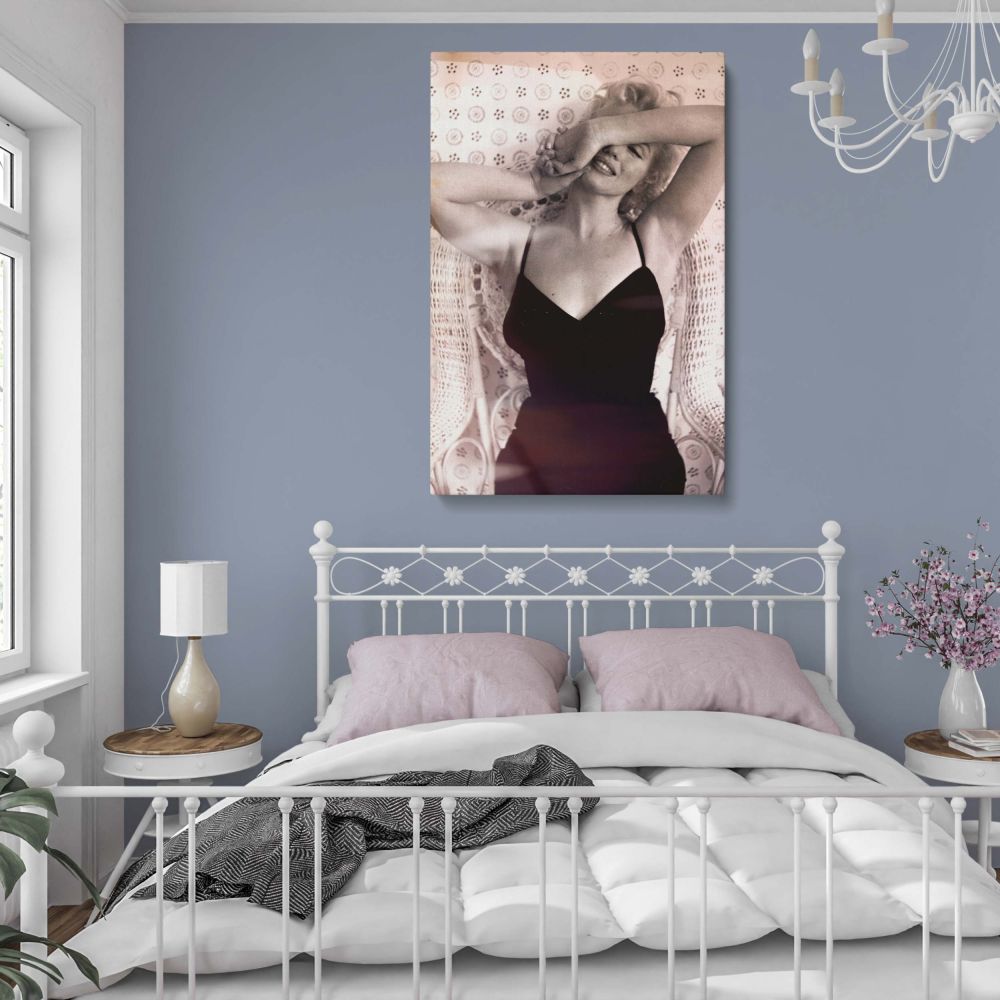 Retro black and white Marilyn Monroe portrait in black dress, radiating old Hollywood charm perfect for vintage room wall decoration.