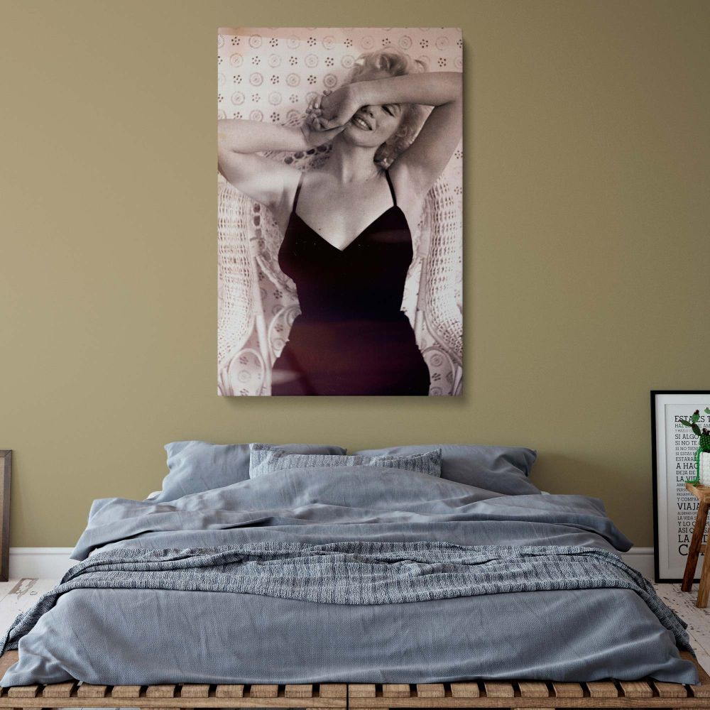 Black and white image of Marilyn Monroe in a feminine pose, styled for vintage Hollywood glamour wall art or boudoir decoration.