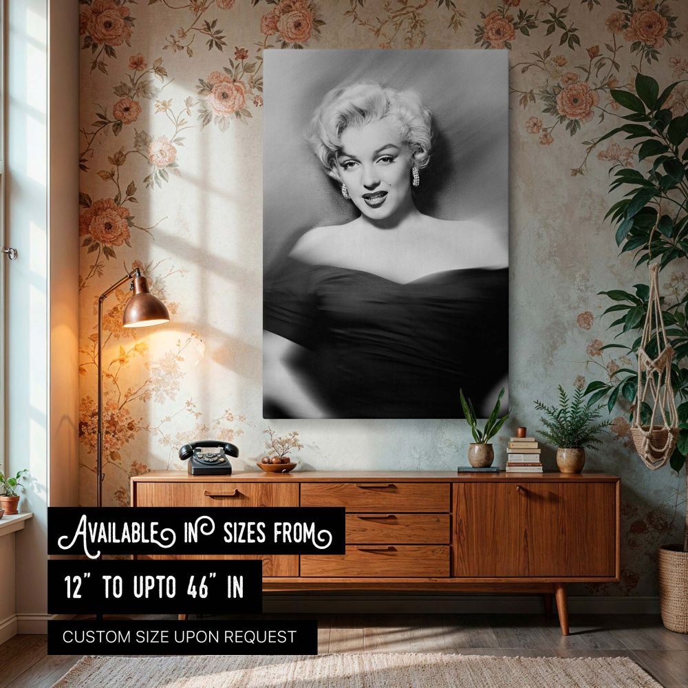 Marilyn Monroe black and white canvas wall art featuring her classic Hollywood glamour look in an off-shoulder dress captures timeless elegance and vintage star power perfect for woman portrait decor and retro celebrity-inspired interiors.