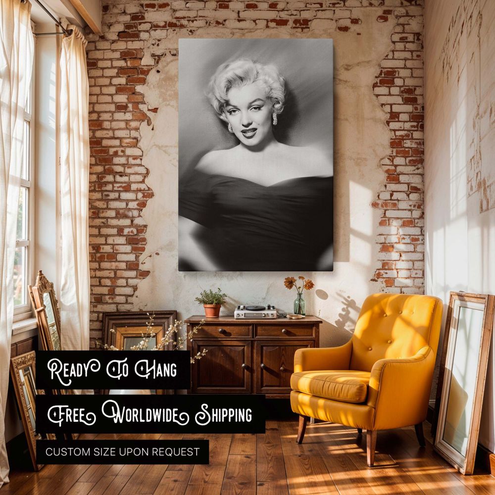 Marilyn Monroe black and white canvas portrait with soft focus background and classic styling evokes retro glamour and old movie star charm making it perfect for elegant woman wall art and vintage celebrity home decor.