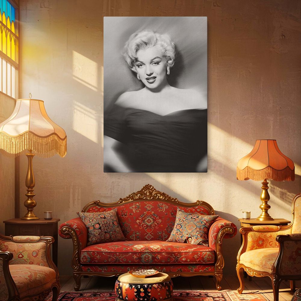 Glamorous Marilyn Monroe in classic black and white portrait print with off-shoulder dress and vintage earrings offers an elegant wall art piece for anyone seeking timeless woman portrait decor inspired by Hollywood legends.
