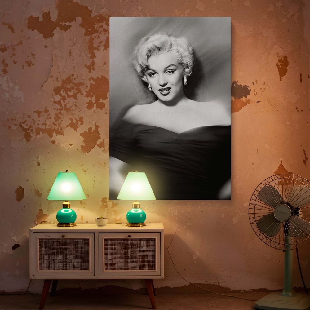 Elegant black and white canvas print of Marilyn Monroe in an off-shoulder dress captures her confident gaze and refined glamour offering a perfect statement piece for classic woman wall art and old Hollywood photography fans.