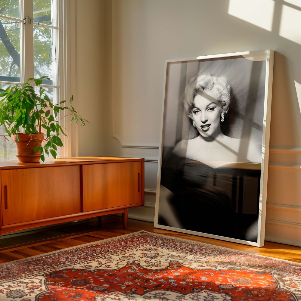 Monroe's poised vintage look in this black and white glamour portrait canvas blends classic movie star appeal with sophisticated art style perfect for living rooms bedrooms or makeup studios inspired by timeless icons.