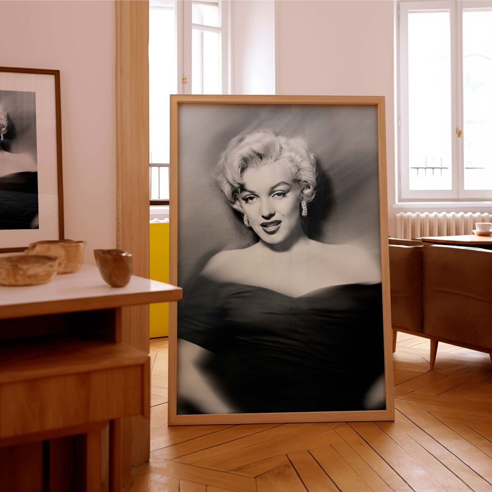Featuring Marilyn Monroe in monochrome elegance with radiant earrings and soft lighting this canvas wall art elevates any space into a shrine of vintage glamour making it a stylish tribute to iconic woman portrait decor.