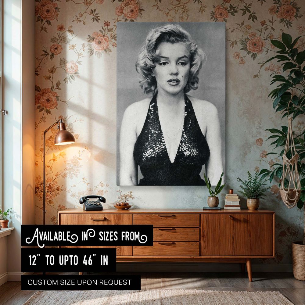 Elegant Marilyn Monroe Framed Canvas Print - A stunning black and white portrait of Marilyn Monroe, perfect for wall decor in bedrooms, living rooms, or offices. This high-quality framed canvas print adds a touch of Hollywood glamour to any space.