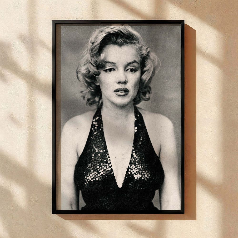 Classic Marilyn Monroe Wall Hanging - A timeless black and white framed canvas featuring the iconic actress Marilyn Monroe. Ideal for home decor, office spaces, or as a thoughtful gift for movie lovers.