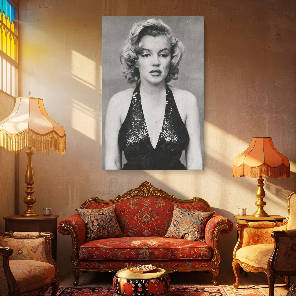 Hollywood Glam Marilyn Monroe Art Print - A premium-quality Marilyn Monroe canvas print, perfect for those who admire classic Hollywood elegance. Framed and ready to hang, this art piece enhances any decor style.