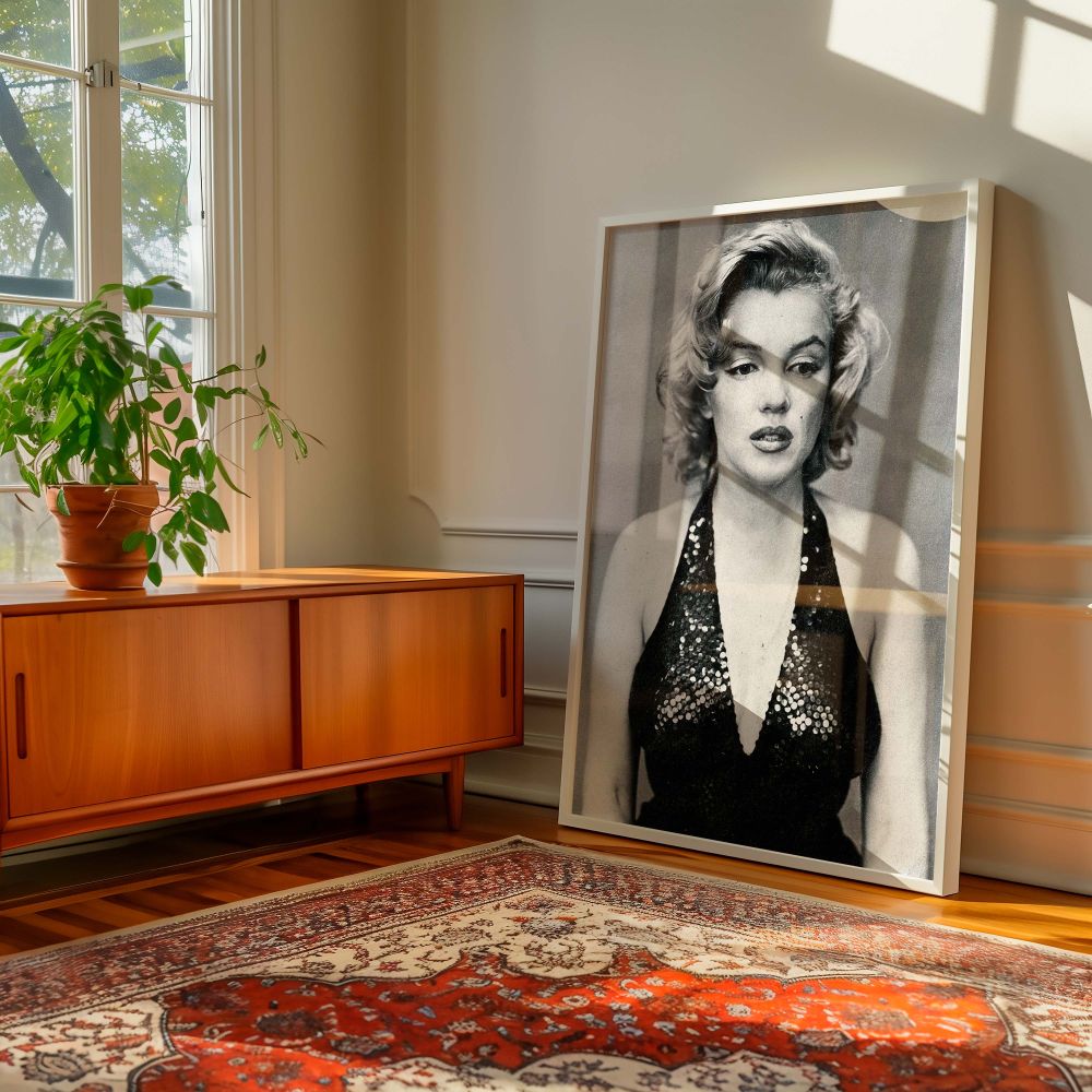 Stylish Marilyn Monroe Canvas Poster Print - A sophisticated black and white framed canvas featuring Marilyn Monroe, bringing elegance and nostalgia to any space, from living rooms to offices.
