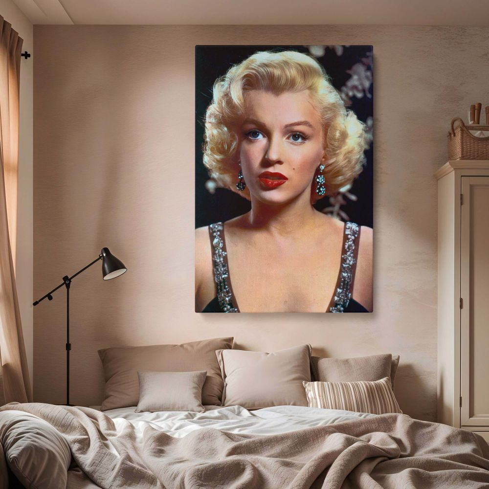 This Marilyn Monroe glamorous close up portrait showcases the Hollywood icon in breathtaking detail, from her red lips and shimmering earrings to her poised expression. As a vintage Hollywood photo canvas, it captures Monroe's timeless allure and grace. T