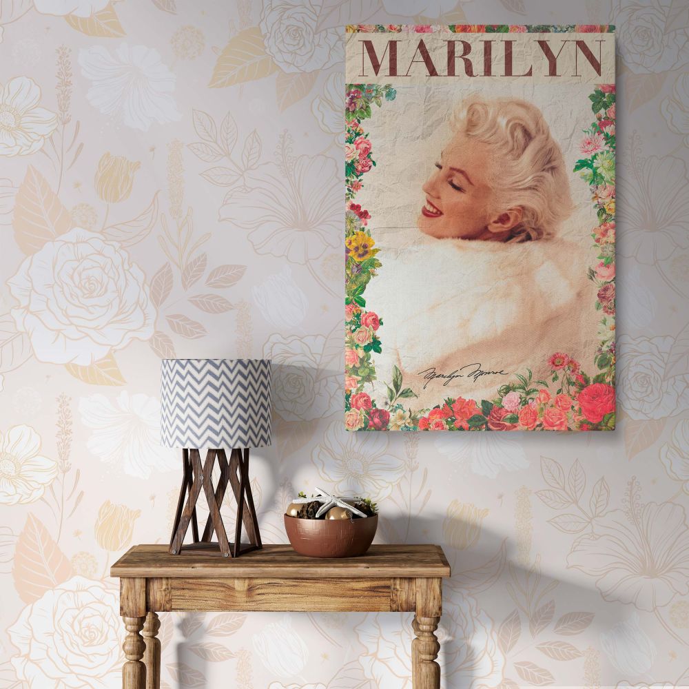 Marilyn Monroe vintage floral portrait canvas wall art features the Hollywood icon smiling in white fur with her signature framed by colorful flowers perfect for elegant actress decor and retro photo print collectors who adore romantic Hollywood glamour.
