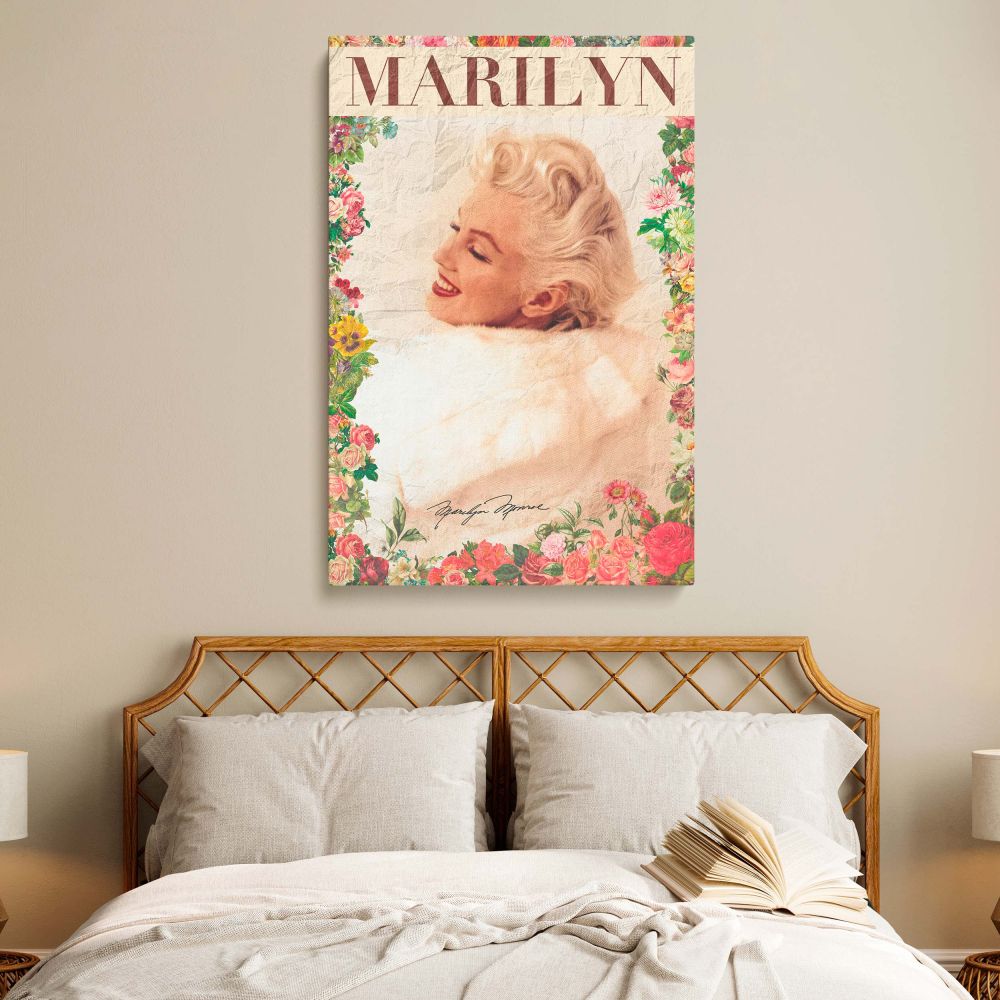 Floral framed Marilyn Monroe vintage portrait features a classic smiling pose on textured canvas background ideal for romantic and elegant actress decor fans and retro photo print collectors seeking Hollywood-inspired wall art.
