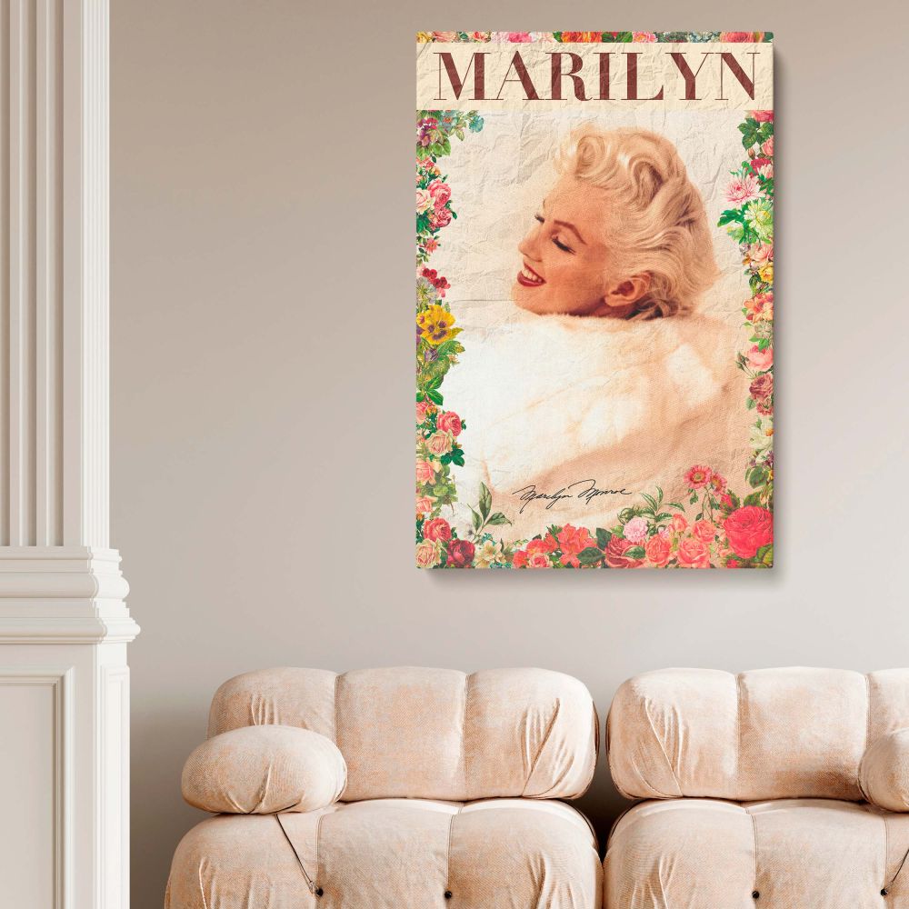 Marilyn Monroe classic portrait with soft smile surrounded by floral design makes this canvas wall art an elegant statement for fans of vintage Hollywood retro photo print artwork and glamorous actress-themed interior decor.