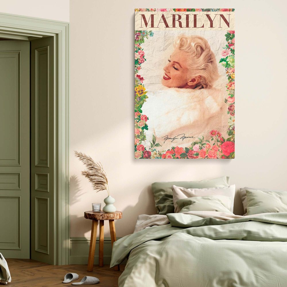 This vintage canvas wall art captures Marilyn Monroe in soft tones with floral framing ideal for romantic interior design and elegant actress decor blending classic Hollywood charm with a retro photo print aesthetic.