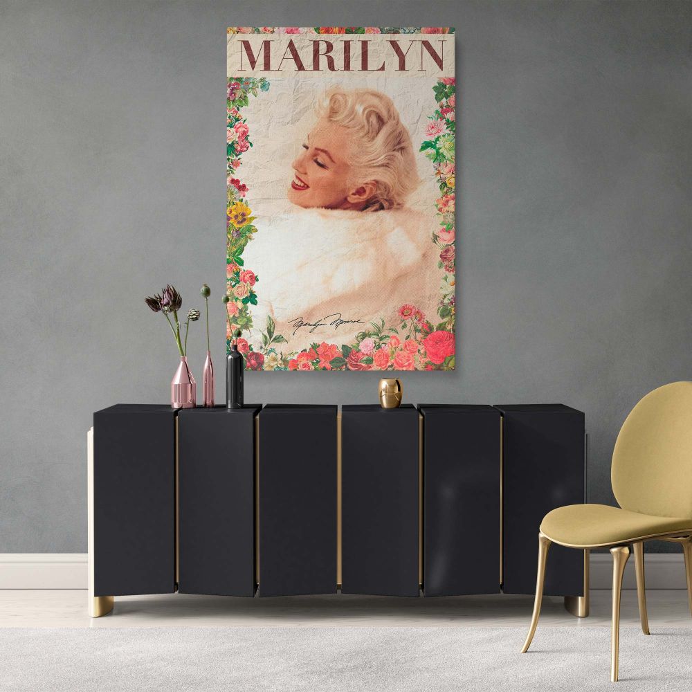 Beautiful Marilyn Monroe vintage floral portrait canvas print shows the actress smiling in soft vintage tones perfect for retro photo print and elegant actress decor that celebrates Hollywood legacy and timeless beauty.